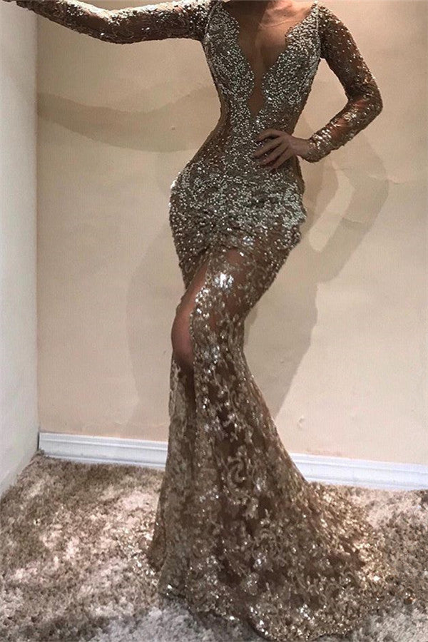 Long Mermaid V-neck Appliques Lace Front Slit Prom Dress with Sleeves