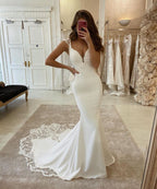 Long Mermaid V-neck Appliques Lace Satin Backless Wedding Dress