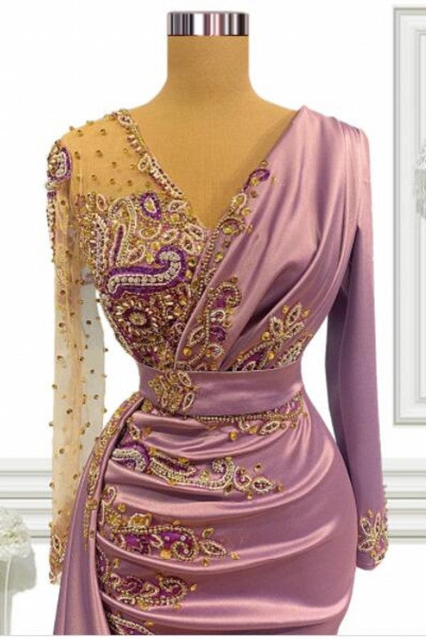 Long Mermaid V-neck Beading Satin Prom Dress with Sleeves