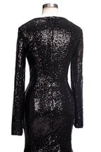 Long Mermaid V-Neck Black Sequins Prom Dresses with Sleeves
