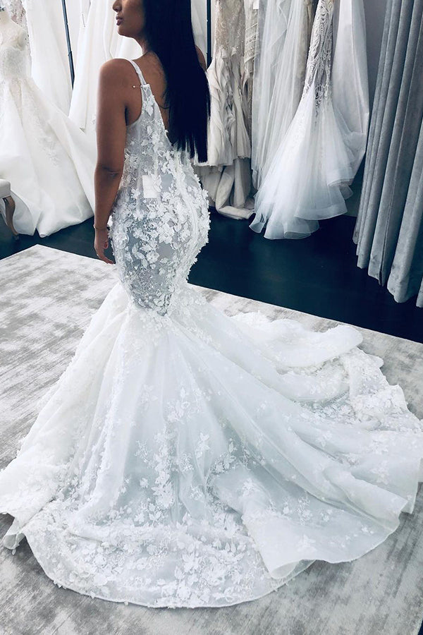 Long Mermaid V-neck Floral Beaings Straps Backless Wedding Dress