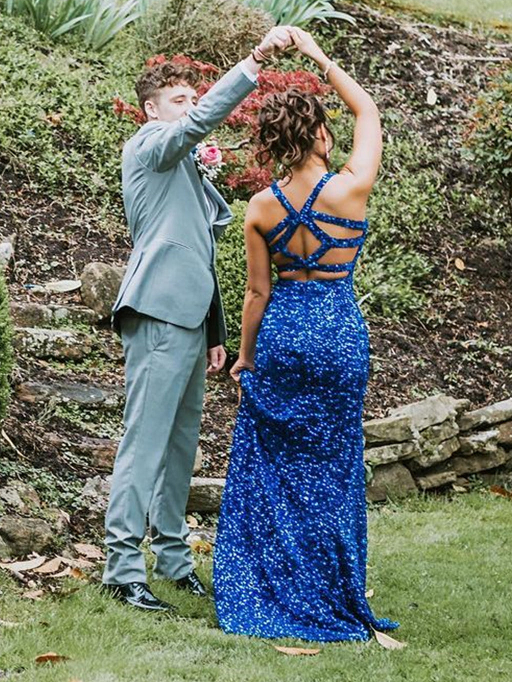 Long Mermaid V-neck Sequined Backless Prom Dress with Slit Blue Formal Evening Gowns