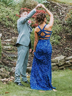 Long Mermaid V-neck Sequined Backless Prom Dress with Slit Blue Formal Evening Gowns