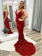 Long Mermaid V-neck Sequined Open Back Prom Dress Burgundy Formal Evening Gowns