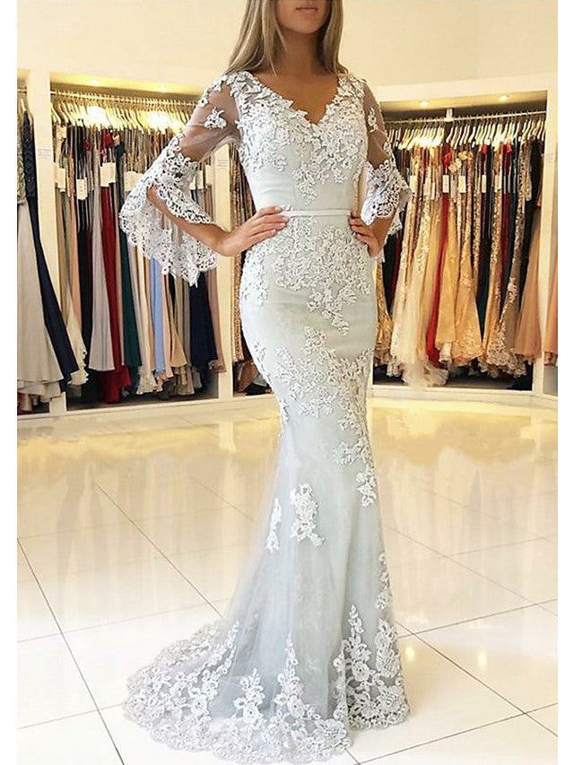 Long Mermaid V Neck Sweep Brush Train Lace Tulle Prom Dress with Sleeves