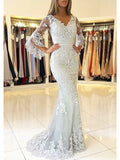 Long Mermaid V Neck Sweep Brush Train Lace Tulle Prom Dress with Sleeves