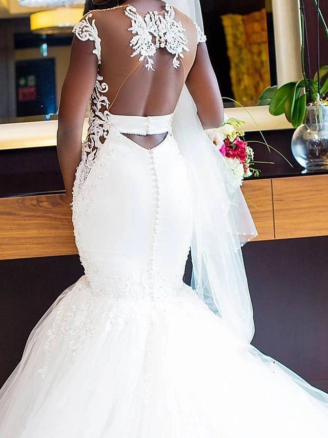 Long Mermaid V Neck Tulle Lace Chapel Train Backless Wedding Dresses