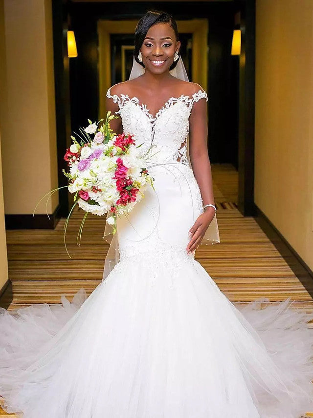 Long Mermaid V Neck Tulle Lace Chapel Train Backless Wedding Dresses