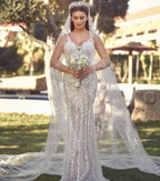Long Mermaid V-neck Tulle Lace Wedding Dress with Detachable Train