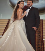 Long Mermaid V-neck Tulle Lace Wedding Dress with Detachable Train