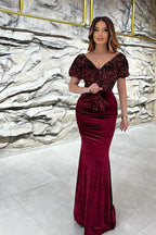 Long Mermaid V-neck Velvet Glitter Prom Dress with Sleeves