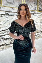 Long Mermaid V-neck Velvet Glitter Prom Dress with Sleeves