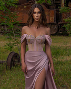 Long Off-the-shoulder Satin Mermaid Prom Dress with Slit