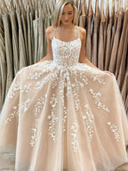 Long Princess A-line Scoop Neck Tulle Lace Backless Formal Prom Dresses