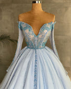 Long Princess Sweetheart Tulle Formal Prom Dress with Sleeves