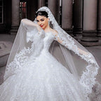 Long Princess Tulle Beads Appliques Lace Wedding Dress with Sleeves