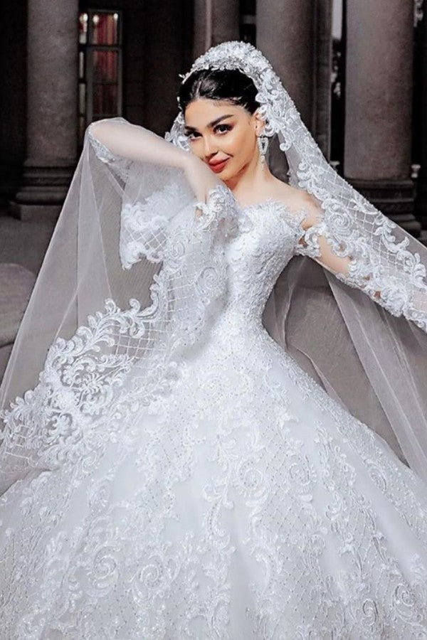 Long Princess Tulle Beads Appliques Lace Wedding Dress with Sleeves