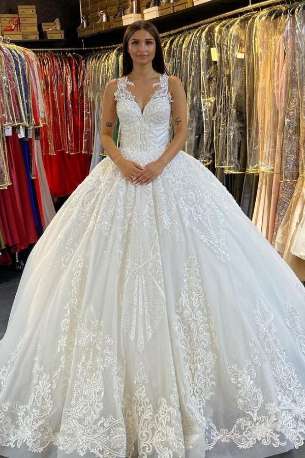 Long Princess V-neck Appliques Lace Backless Wedding Dress