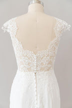 Long Sheath  Illusion Lace Wedding Dress with Cap Sleeve