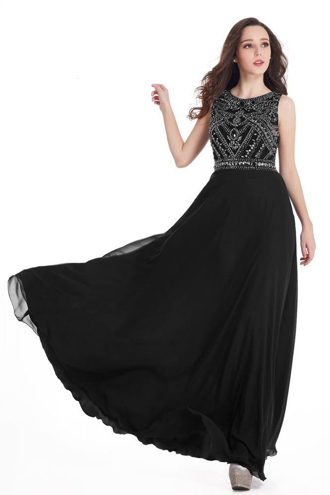 Long Sheath Jewel  Floor Length  Chiffon Crystals Prom Dresses