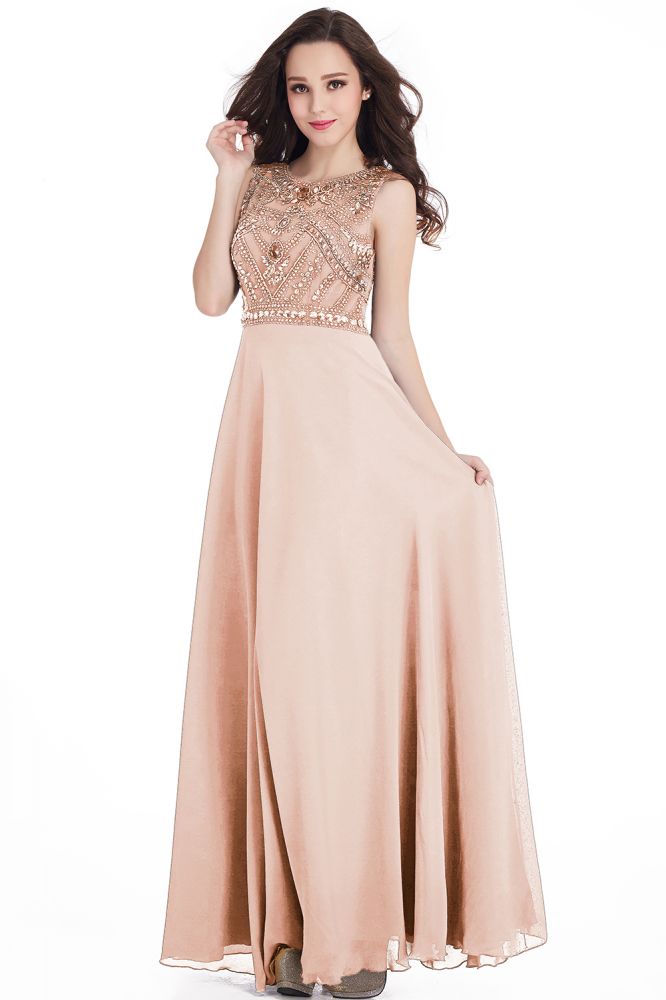 Long Sheath Jewel  Floor Length  Chiffon Crystals Prom Dresses