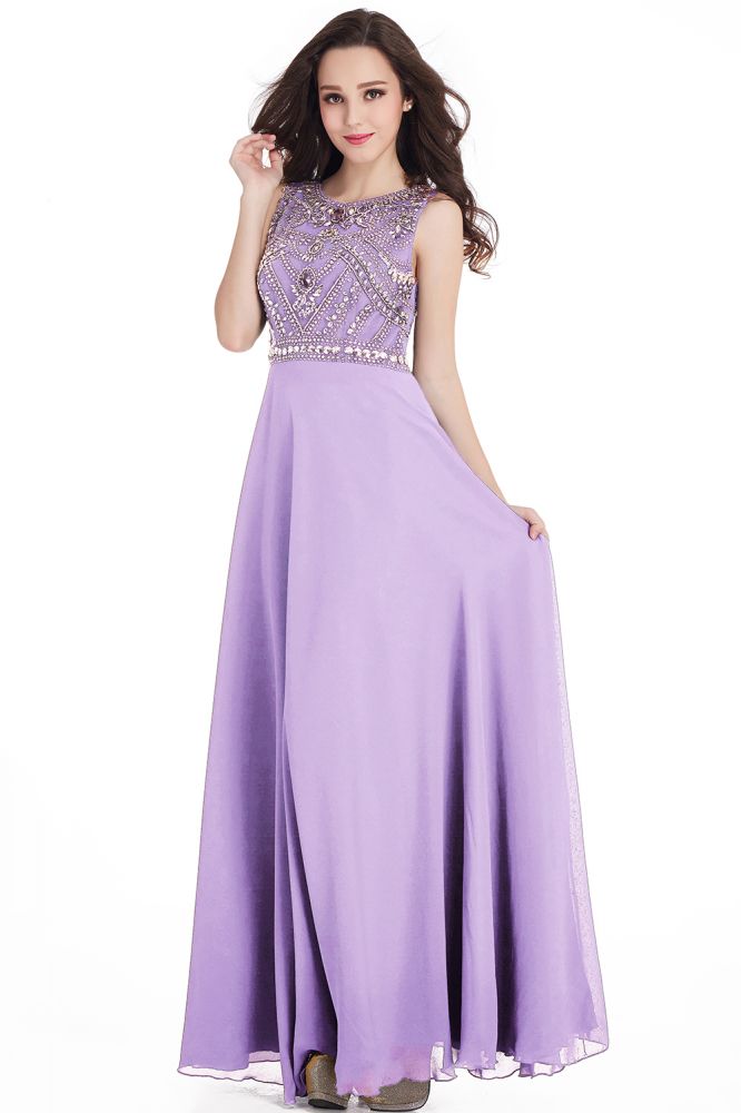 Long Sheath Jewel  Floor Length  Chiffon Crystals Prom Dresses