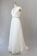 Long Sheath V-neck Lace Chiffon Wedding Dress with Cap Sleeves