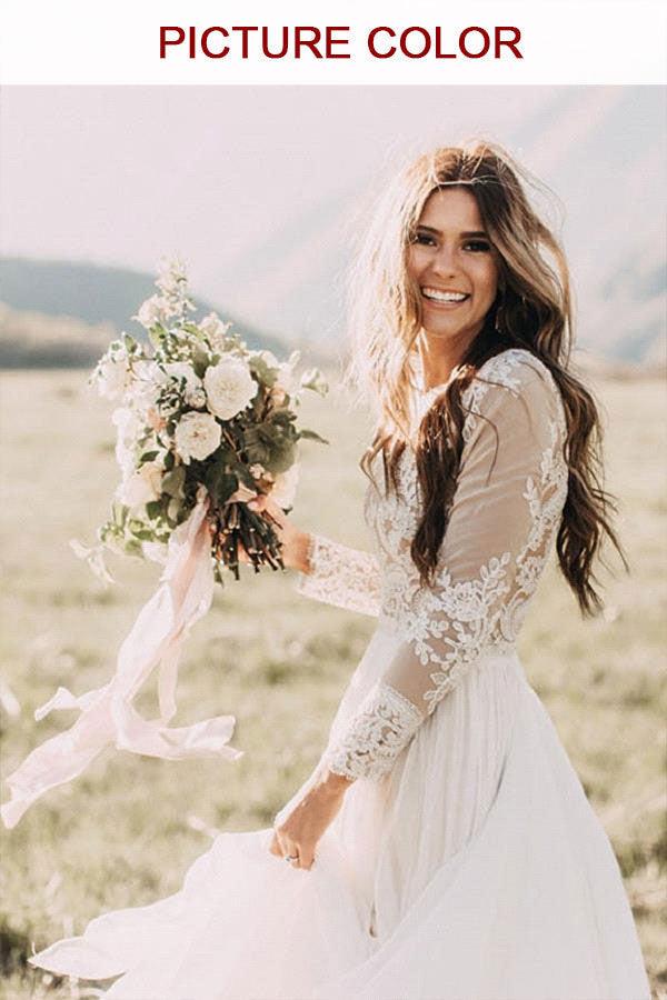 Long Sleeve A-line Appliques Lace Chiffon Wedding Dress