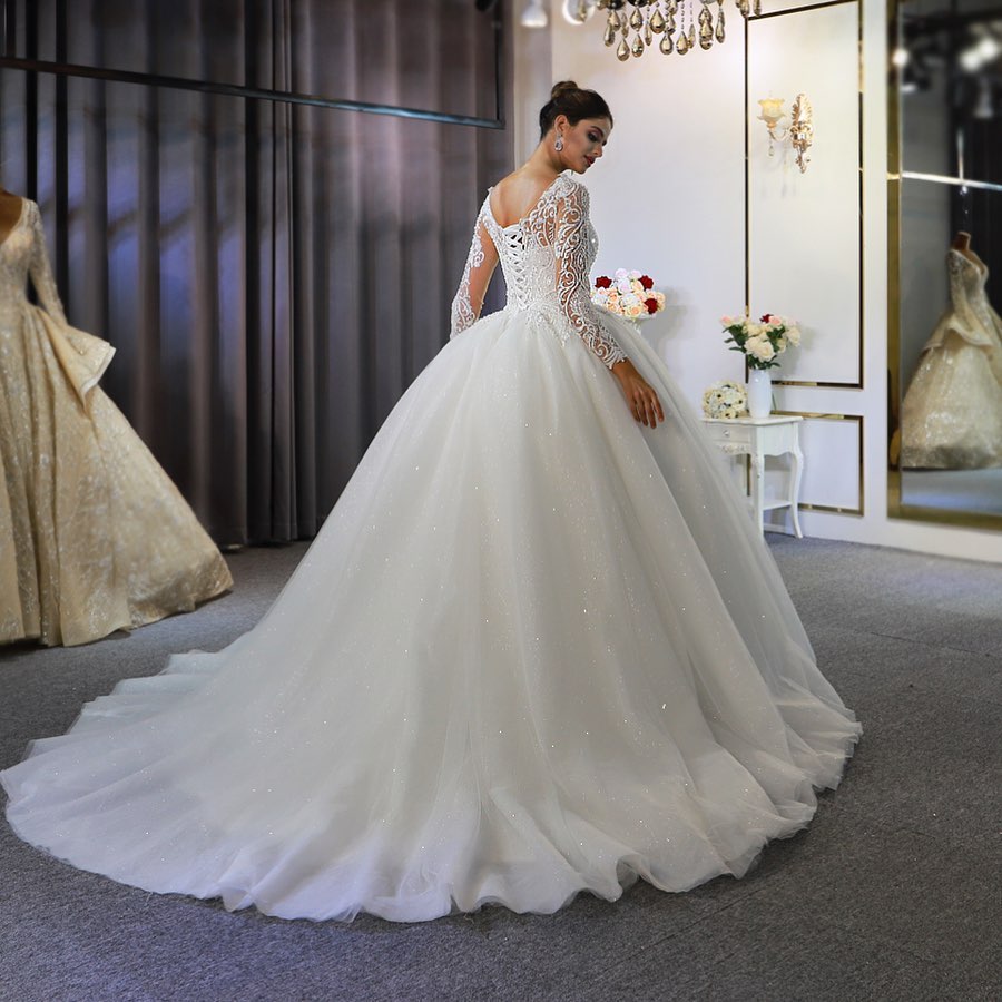 Long Sleeve A-Line Bateau Appliques Lace Sequins Wedding Dress