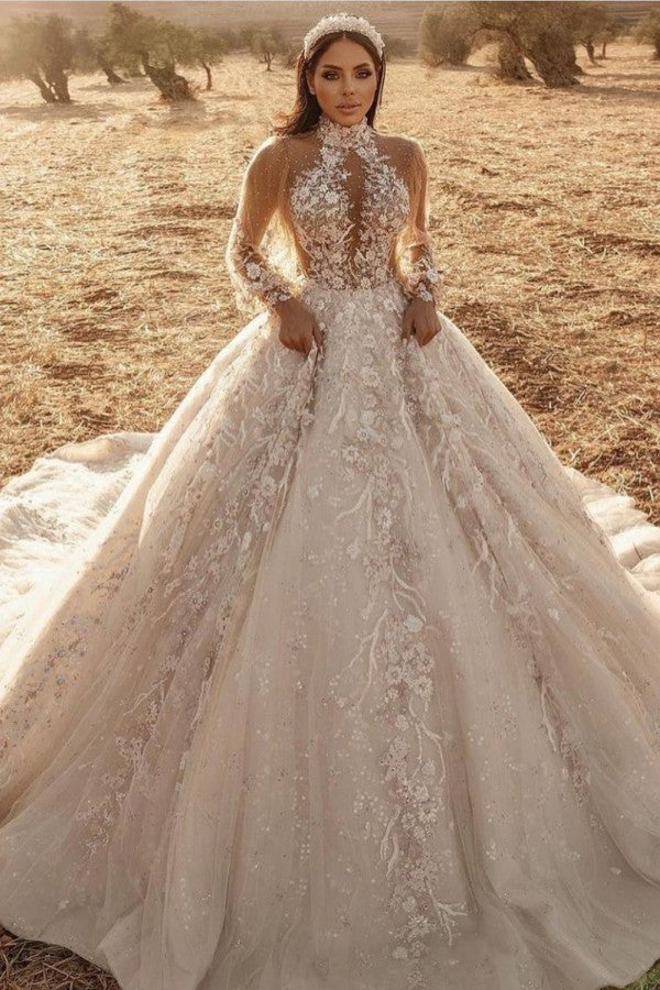 Long Sleeve A-Line High-neck Appliques Lace Tulle Wedding Dress