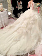 Long Sleeve A-Line Scoop Neck Court Train Organza Wedding Dresses