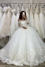 Long Sleeve Ball Gown Off The Shoulder Illusion Wedding Dress