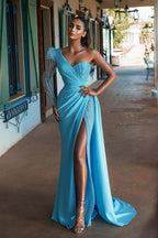 Long Sleeve Mermaid One Shoulder Sequins Satin Prom Dress With Slit