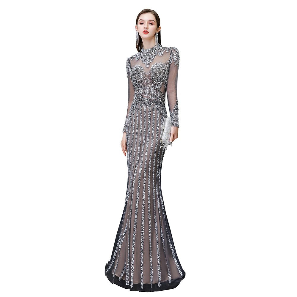 Long Sleeve Mermaid Sequins High-Neck Evening Gowns