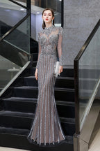 Long Sleeve Mermaid Sequins High-Neck Evening Gowns