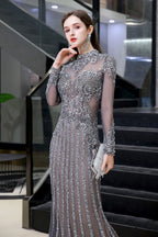 Long Sleeve Mermaid Sequins High-Neck Evening Gowns