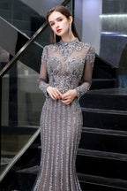 Long Sleeve Mermaid Sequins High-Neck Evening Gowns
