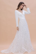 Long Sleeve V-neck Boho Bridal Gowns Satin Backless Lace Wedding Dress
