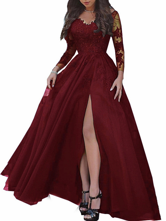 Long Sleeves A-Line Bateau Neck Sweep Brush Train Lace Prom Dresses with Slit