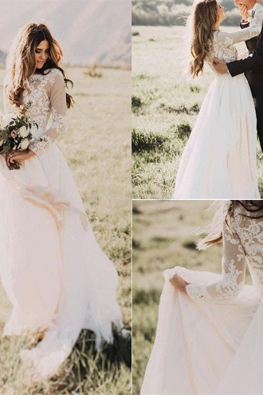Long Sleeves Applique Tulle Scoop Wedding Dress