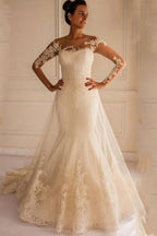 Long Sleeves Appliques Button Floor-Length Mermaid Wedding Dress
