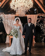 Long Sleeves Mermaid Off-the-shoulder Tulle Wedding Dress with Appliques Lace