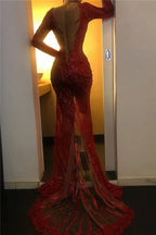 Long Sleeves Mermaid V-neck Backless Sequined Prom Dress with slit