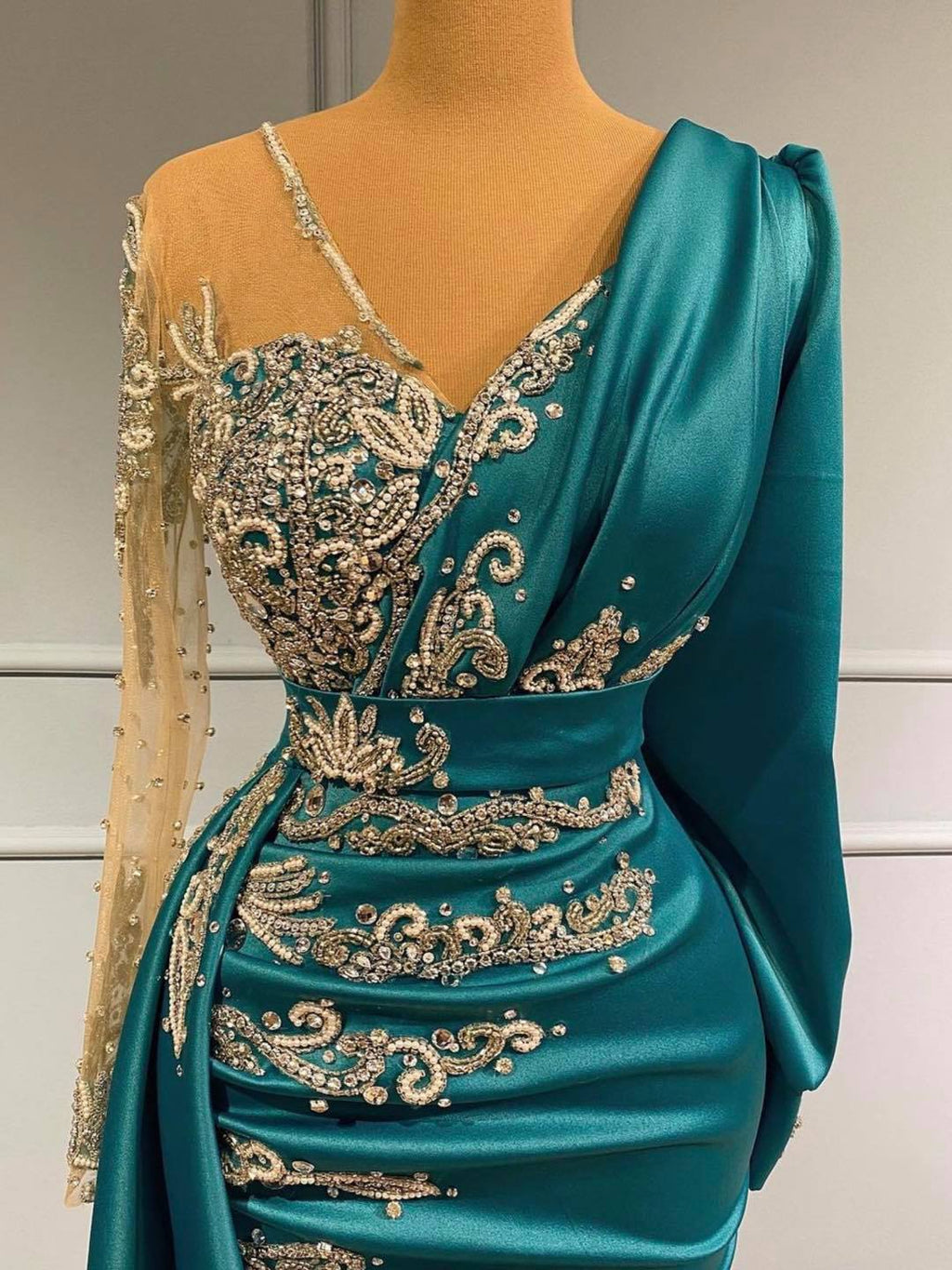 Long Sleeves Mermaid V-neck Satin Prom Dress with Side Swept Wrap