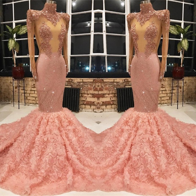 Long Sleeves Pink Prom Dress Mermaid Appliques With Flowers Bottom