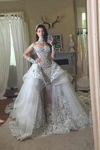 Long Sleeves Tulle High Neck Appliques Lace Wedding Dresses with Detachable Overskirt