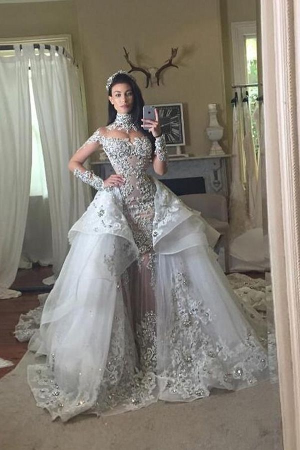 Long Sleeves Tulle High Neck Appliques Lace Wedding Dresses with Detachable Overskirt