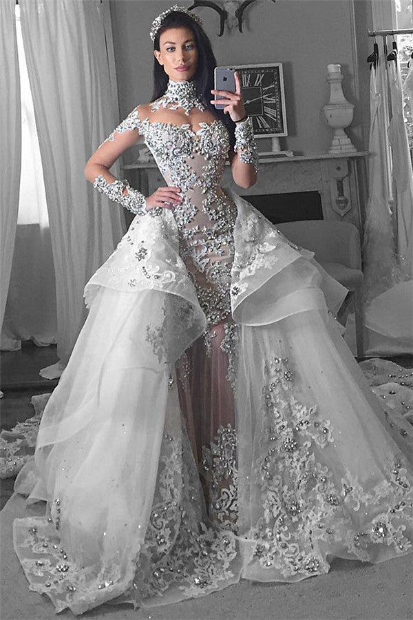 Long Sleeves Tulle High Neck Appliques Lace Wedding Dresses with Detachable Overskirt