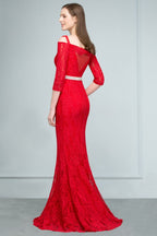 Long Spaghetti Off-shoulder Mermaid Lace Prom Dresses with Sleeves and Sash