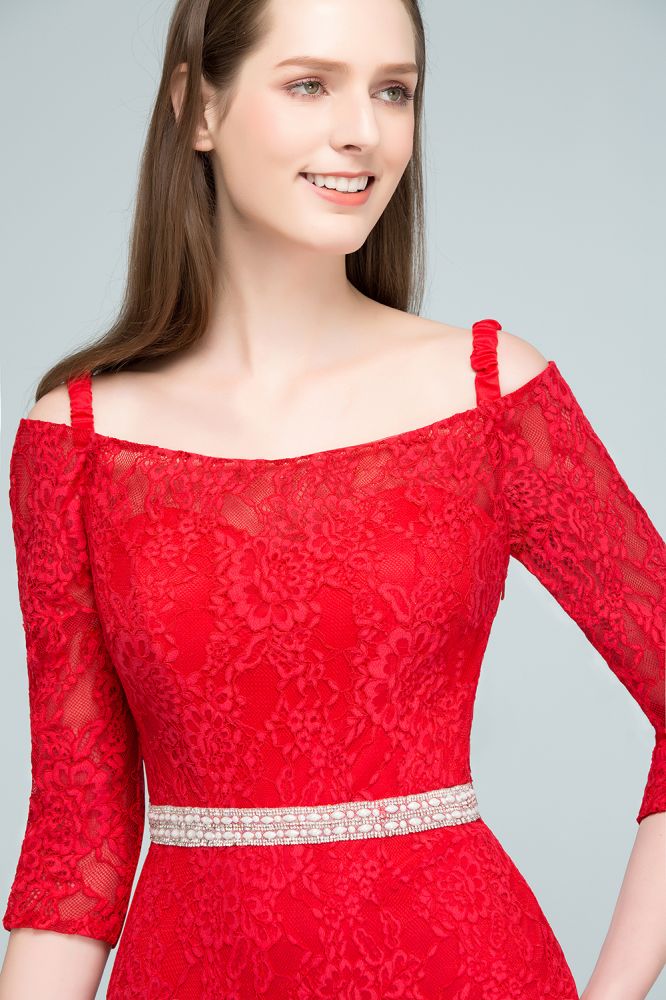 Long Spaghetti Off-shoulder Mermaid Lace Prom Dresses with Sleeves and Sash